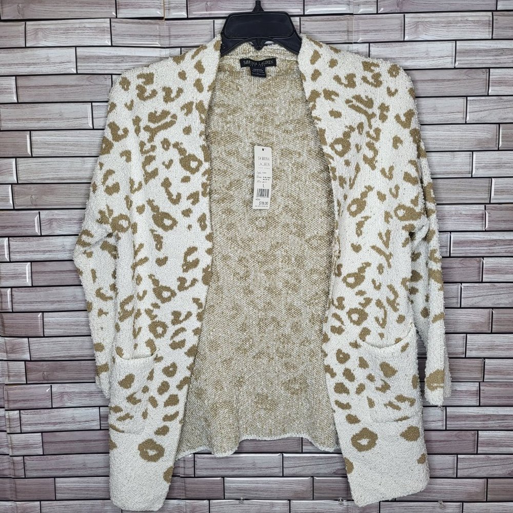 New Sabrina Lauren Women's Sweater Size Large Tan Animal Print Cardigan Jacket‎